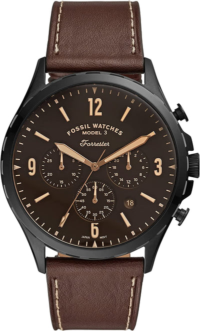 Fossil Forrester Chronograph Black Dial Brown Leather Strap Watch for Men - FS5608