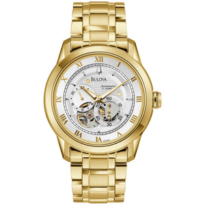  Shop Authentic Bulova BVA Skeleton Silver Dial Gold Steel Strap Watch for Men - 97A108 - Luxxuri