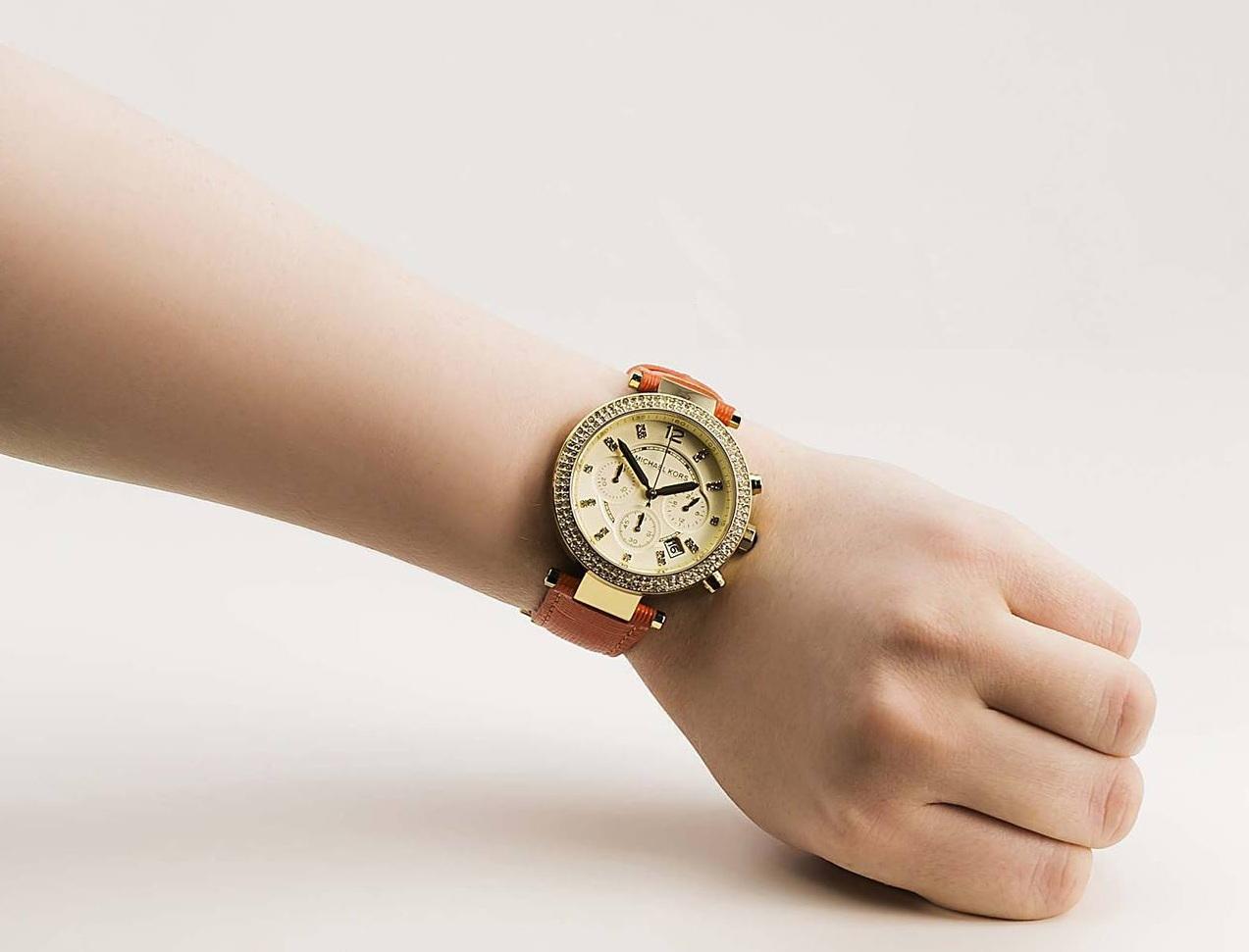  Shop Authentic Michael Kors Parker Champagne Dial Orange Leather Strap Watch for Women - MK2279 - Luxxuri