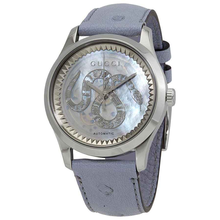  Shop Authentic Gucci G Timeless Automatic Mother of Pearl Dial Blue Leather Strap Watch For Women - YA1264113 - Luxxuri