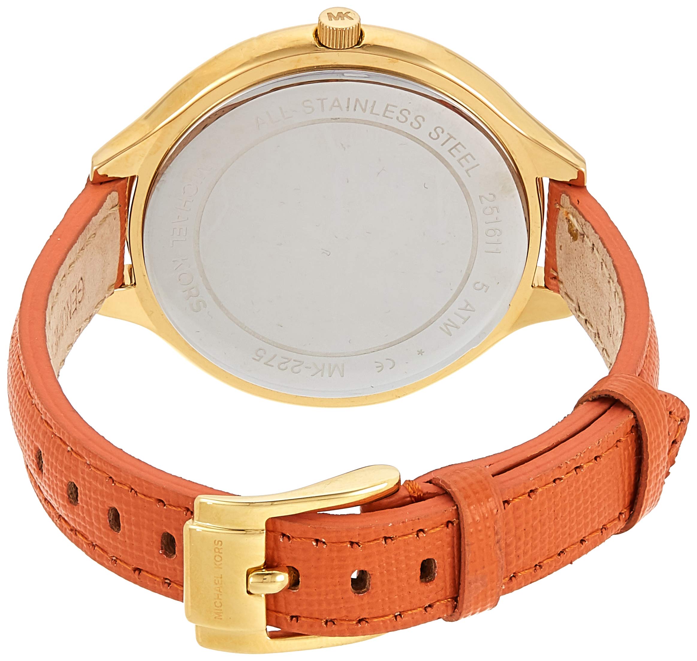 Michael Kors Runway Quartz Gold Dial Orange Leather Strap Watch For Women - MK2275