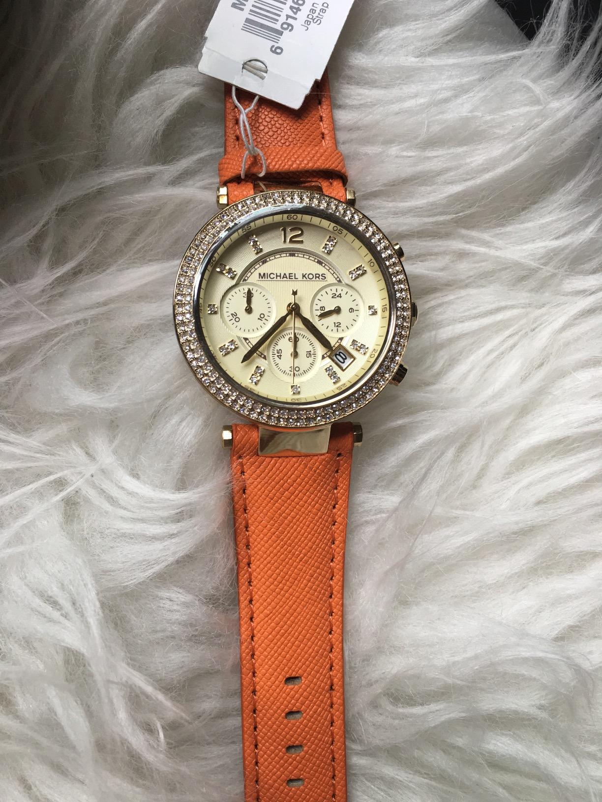  Shop Authentic Michael Kors Parker Champagne Dial Orange Leather Strap Watch for Women - MK2279 - Luxxuri