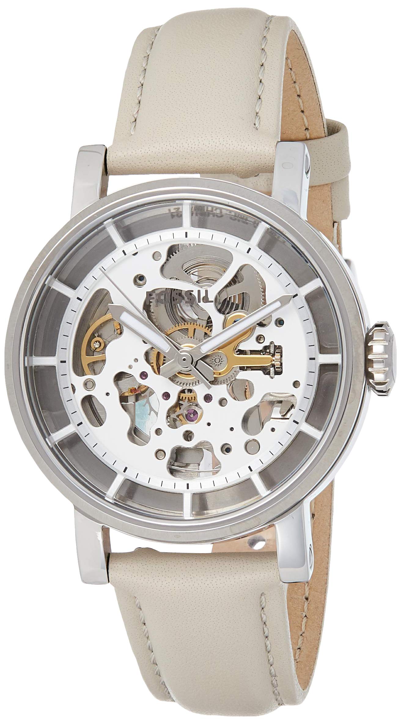  Shop Authentic Fossil Boyfriend Automatic Skeleton Silver Dial White Leather Strap Watch for Women - ME3069 - Luxxuri