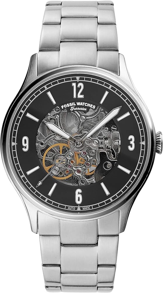  Shop Authentic Fossil Forrester Automatic Skeleton Black Dial Silver Steel Strap Watch for Men - ME3180 - Luxxuri