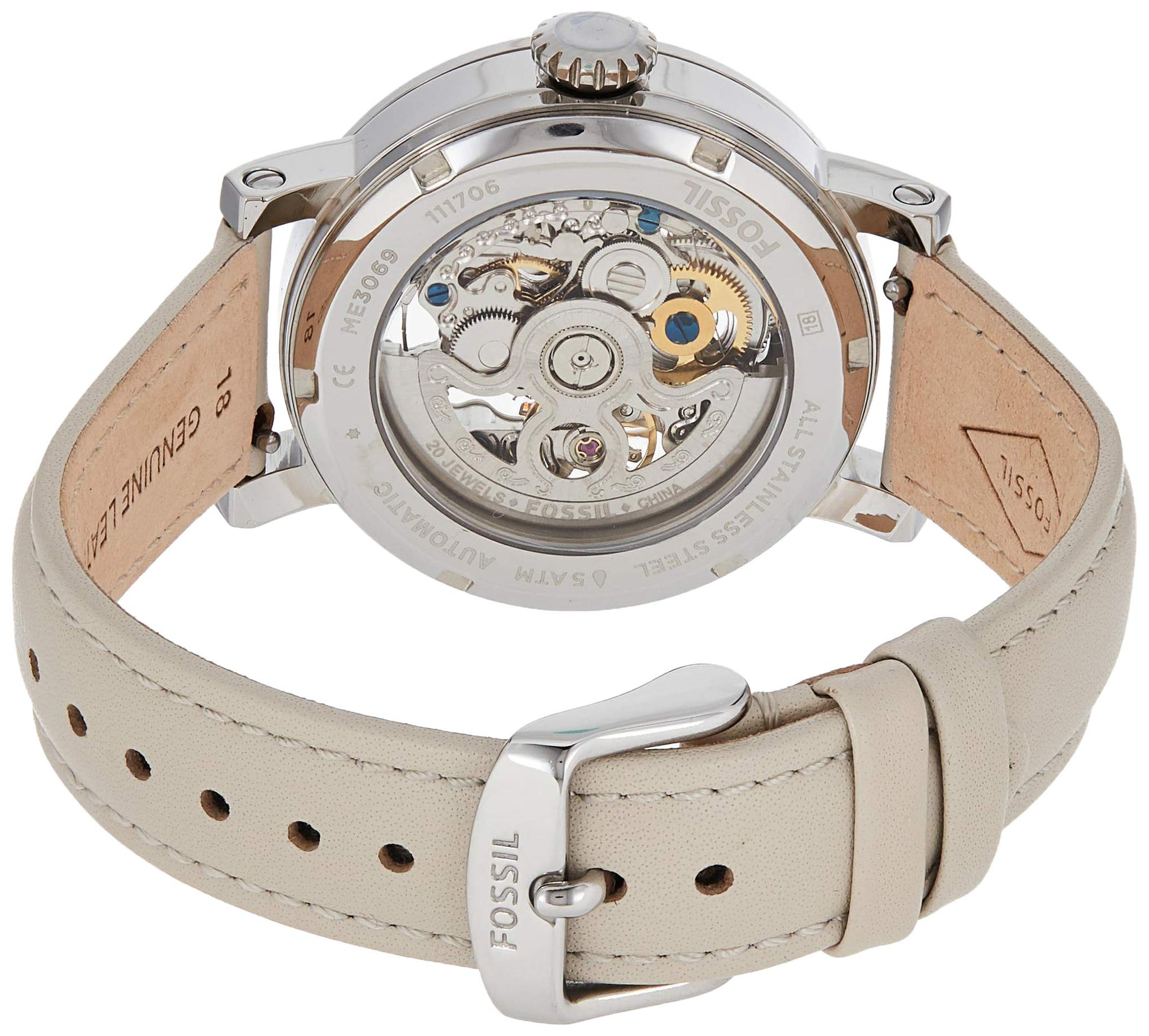  Shop Authentic Fossil Boyfriend Automatic Skeleton Silver Dial White Leather Strap Watch for Women - ME3069 - Luxxuri