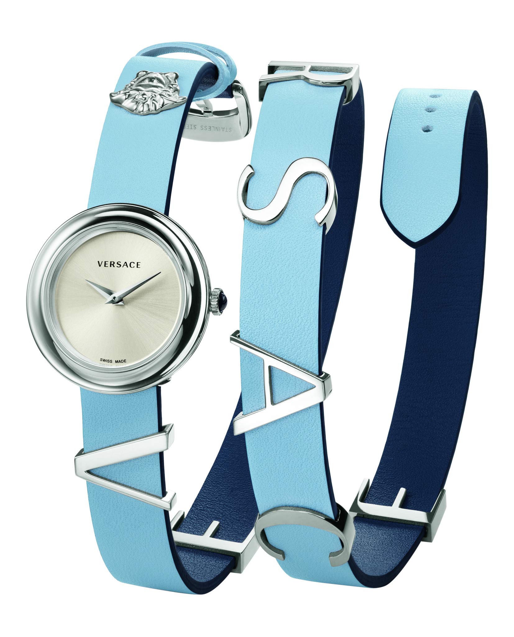  Shop Authentic Versace V Flare Silver Dial Blue Leather Strap Watch for Women - VEBN00118 - Luxxuri