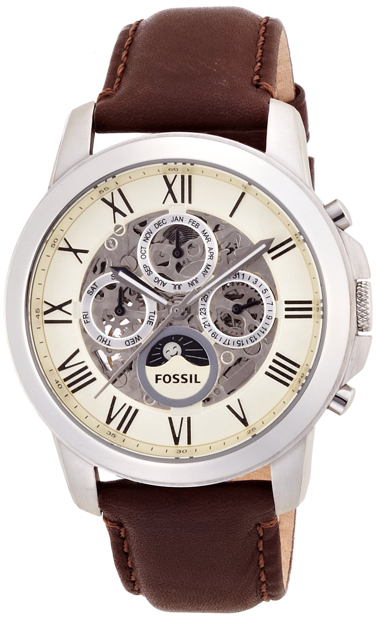 Fossil Grant Automatic White Dial Brown Leather Strap Watch for Men -  ME3027