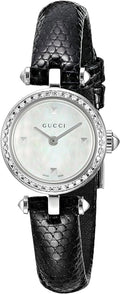  Shop Authentic Gucci Diamantissima Diamonds Mother of Pearl Dial Black Leather Strap Watch For Women - YA141511 - Luxxuri