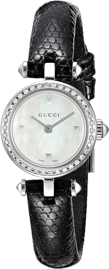  Shop Authentic Gucci Diamantissima Diamonds Mother of Pearl Dial Black Leather Strap Watch For Women - YA141511 - Luxxuri