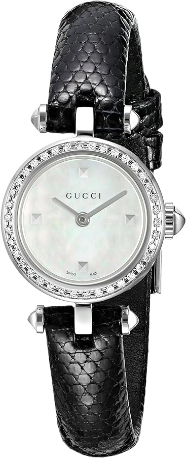  Shop Authentic Gucci Diamantissima Diamonds Mother of Pearl Dial Black Leather Strap Watch For Women - YA141511 - Luxxuri