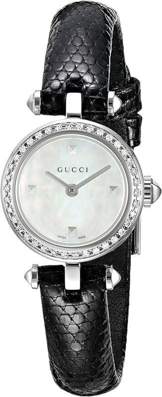  Shop Authentic Gucci Diamantissima Diamonds Mother of Pearl Dial Black Leather Strap Watch For Women - YA141511 - Luxxuri