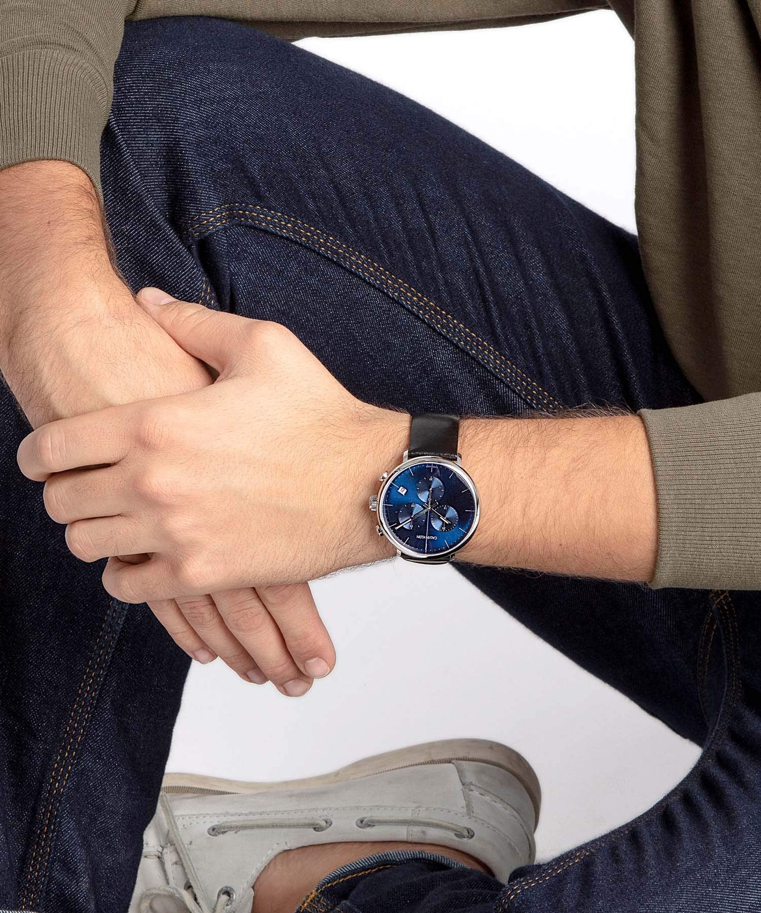  Shop Authentic Calvin Klein High Noon Chronograph Blue Dial Black Leather Strap Watch for Men - K8M271CN - Luxxuri