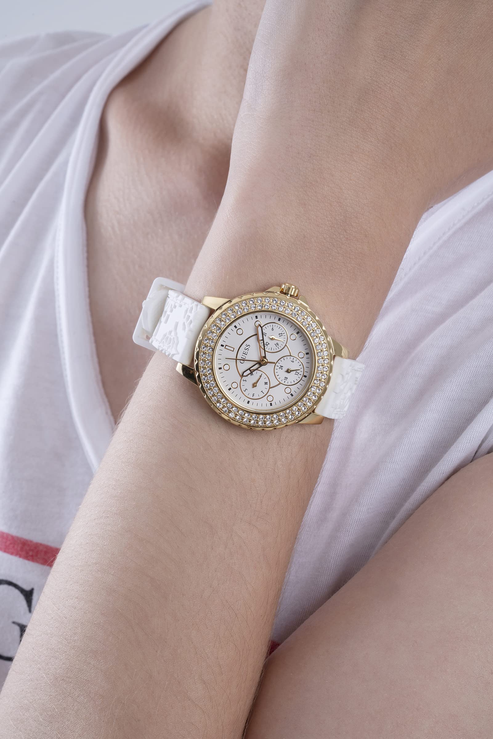  Shop Authentic Guess Crown Jewel Multifunction Diamonds White Dial White Leather Strap Watch for Women - GW0411L1 - Luxxuri