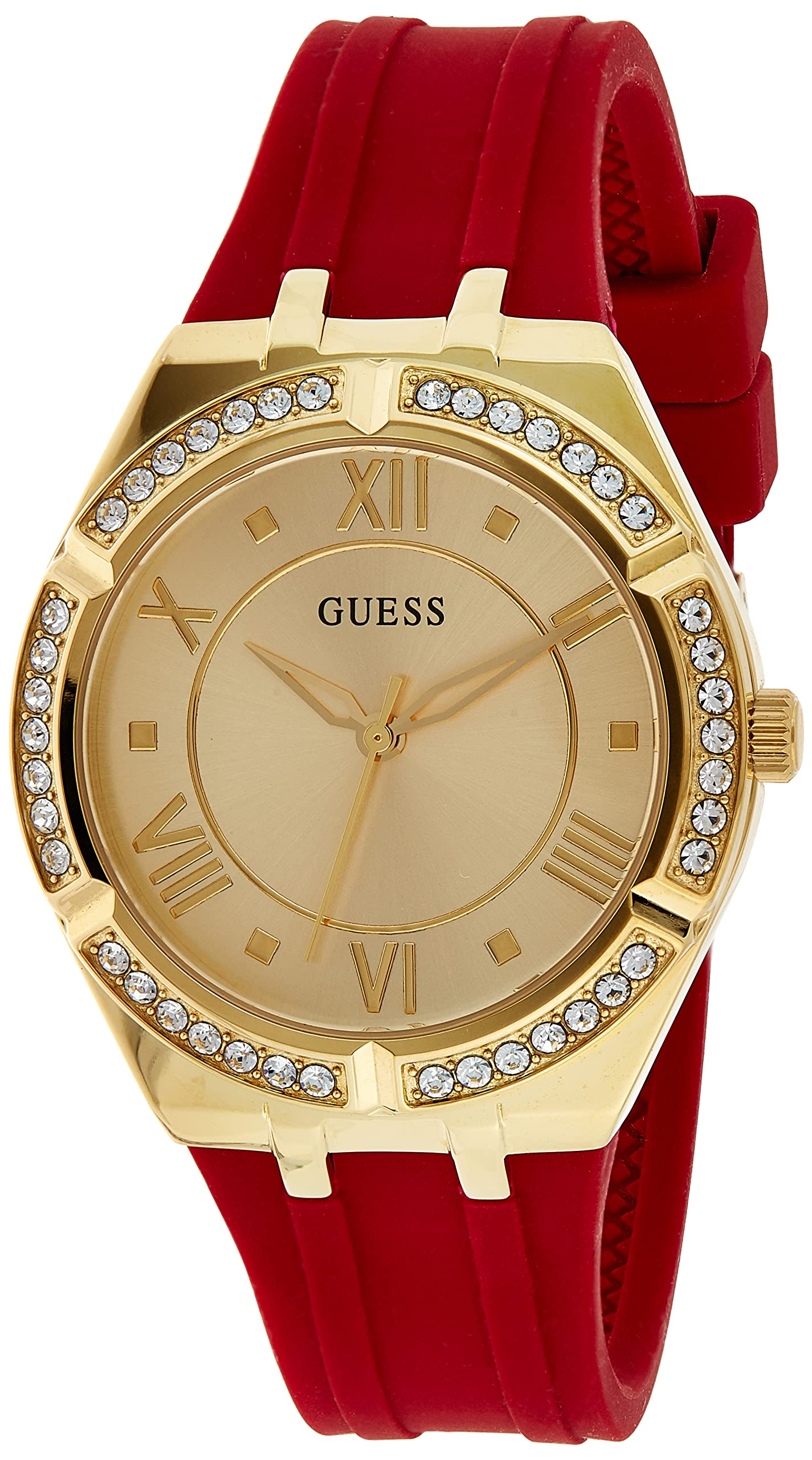  Shop Authentic Guess Cosmo Diamonds Gold Dial Red Rubber Strap Watch for Women - GW0034L6 - Luxxuri