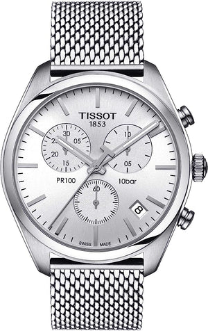  Shop Authentic Tissot PR 100 Chronograph White Dial Silver Mesh Bracelet Watch For Men - T101.417.11.031.02 - Luxxuri