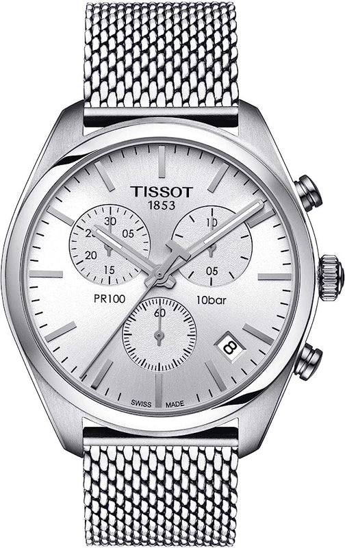  Shop Authentic Tissot PR 100 Chronograph White Dial Silver Mesh Bracelet Watch For Men - T101.417.11.031.02 - Luxxuri