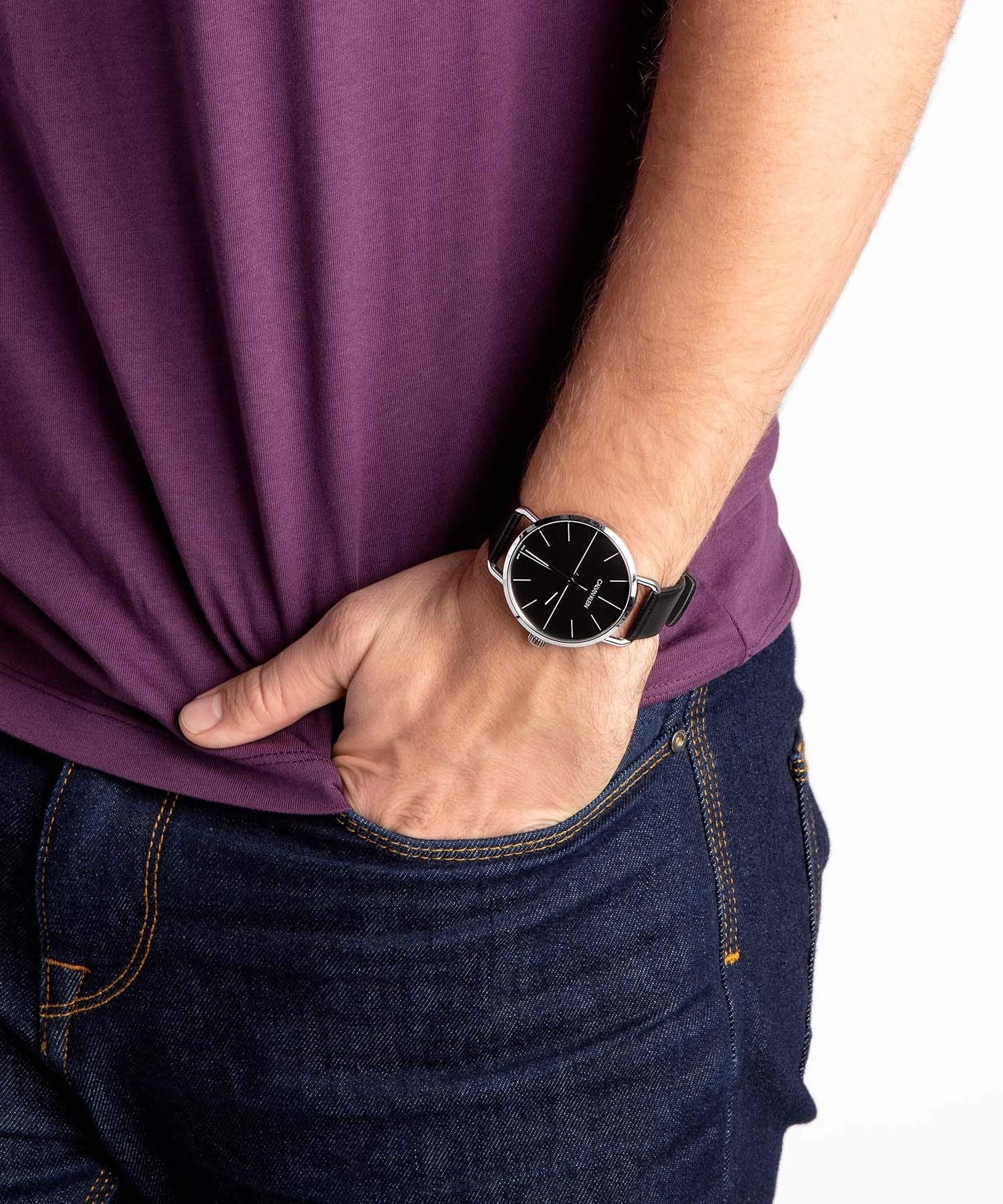  Shop Authentic Calvin Klein Evan Black Dial Black Leather Strap Watch for Men - K7B211CZ - Luxxuri