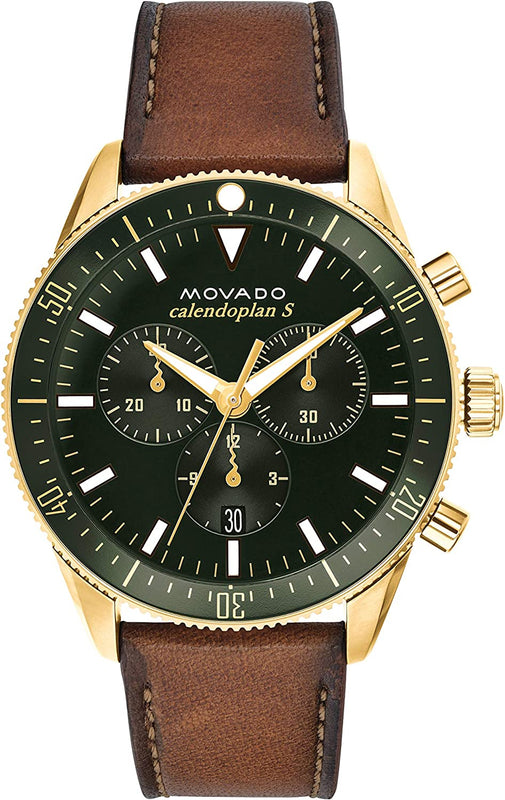  Shop Authentic Movado Heritage Chronograph Green Dial Brown Leather Strap Watch For Men - 3650062 - Luxxuri