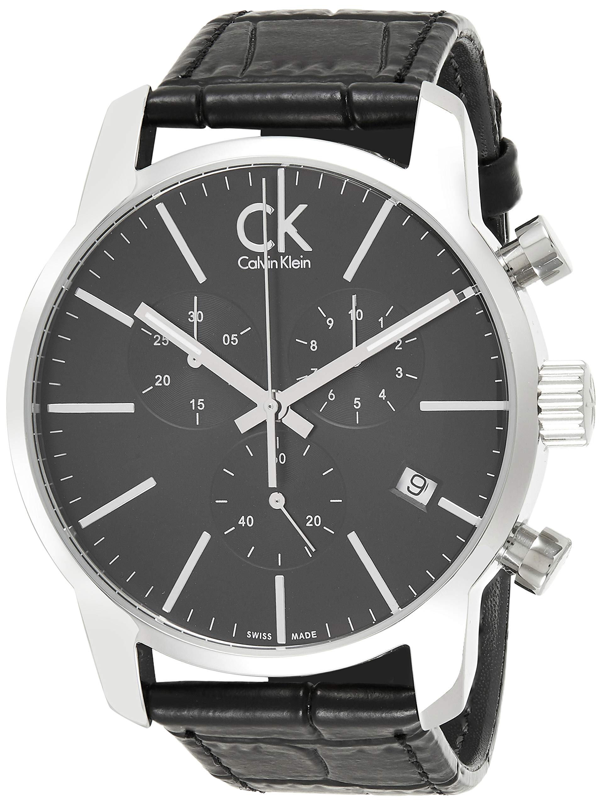 Calvin Klein City Chronograph Black Dial Black Leather Strap Watch for Men - K2G271C3