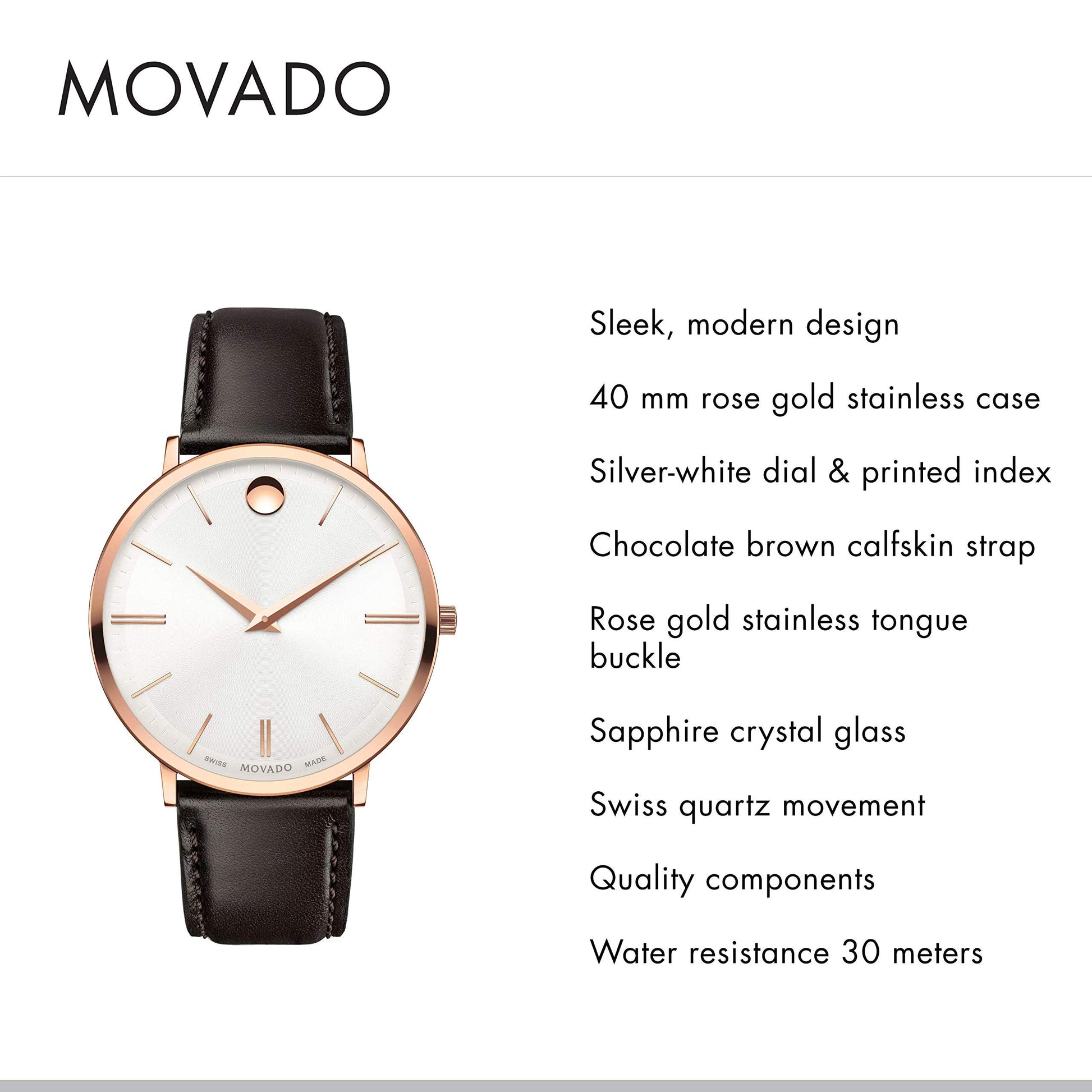  Shop Authentic Movado Ultra Slim White Dial Brown Leather Strap Watch For Men - 0607089 - Luxxuri