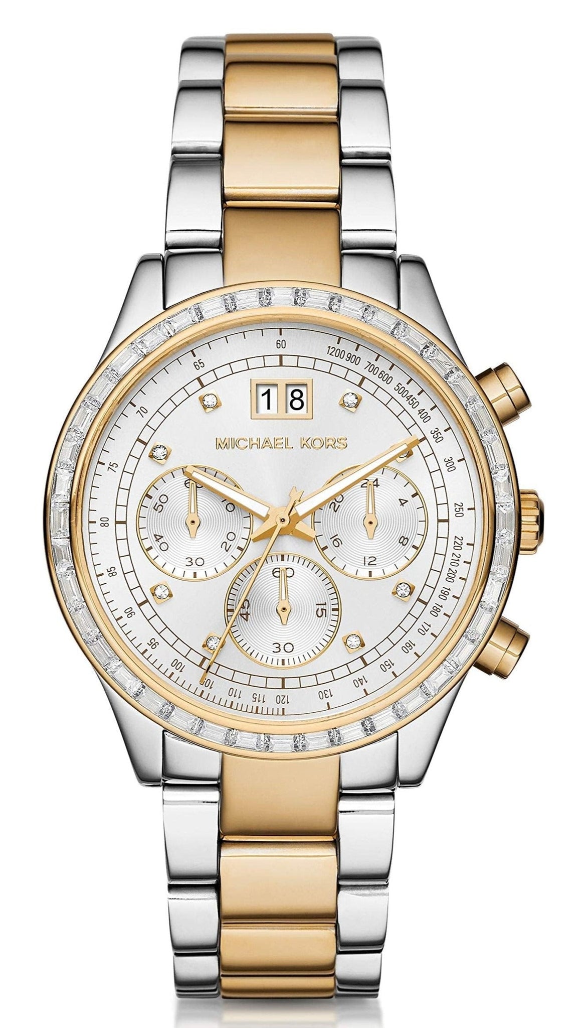  Shop Authentic Michael Kors Brinkley Chronograph Silver Dial Two Tone Steel Strap Watch for Women - MK6188 - Luxxuri