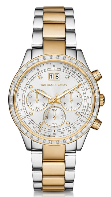  Shop Authentic Michael Kors Brinkley Chronograph Silver Dial Two Tone Steel Strap Watch for Women - MK6188 - Luxxuri