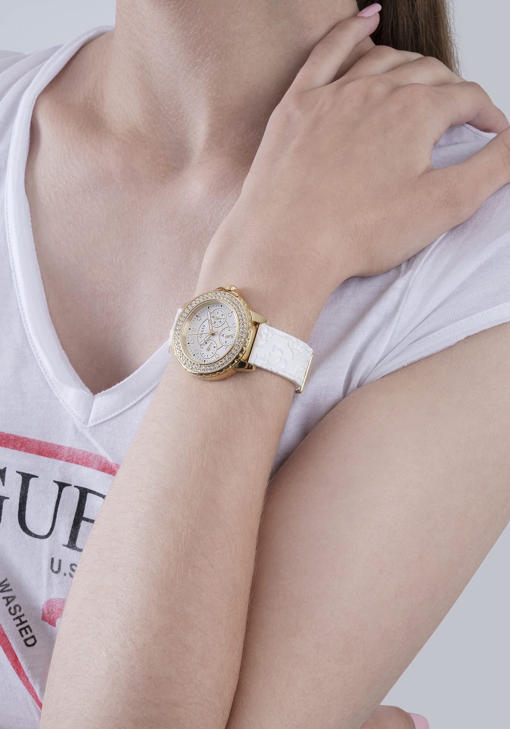  Shop Authentic Guess Crown Jewel Multifunction Diamonds White Dial White Leather Strap Watch for Women - GW0411L1 - Luxxuri