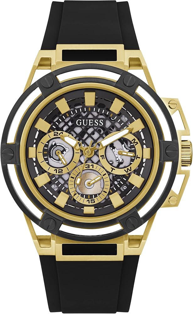  Shop Authentic Guess Matrix Multifunction Gold Dial Black Rubber Strap Watch For Men - GW0423G2 - Luxxuri