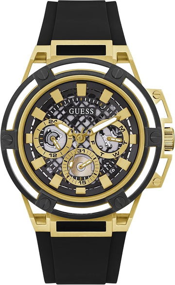  Shop Authentic Guess Matrix Multifunction Gold Dial Black Rubber Strap Watch For Men - GW0423G2 - Luxxuri