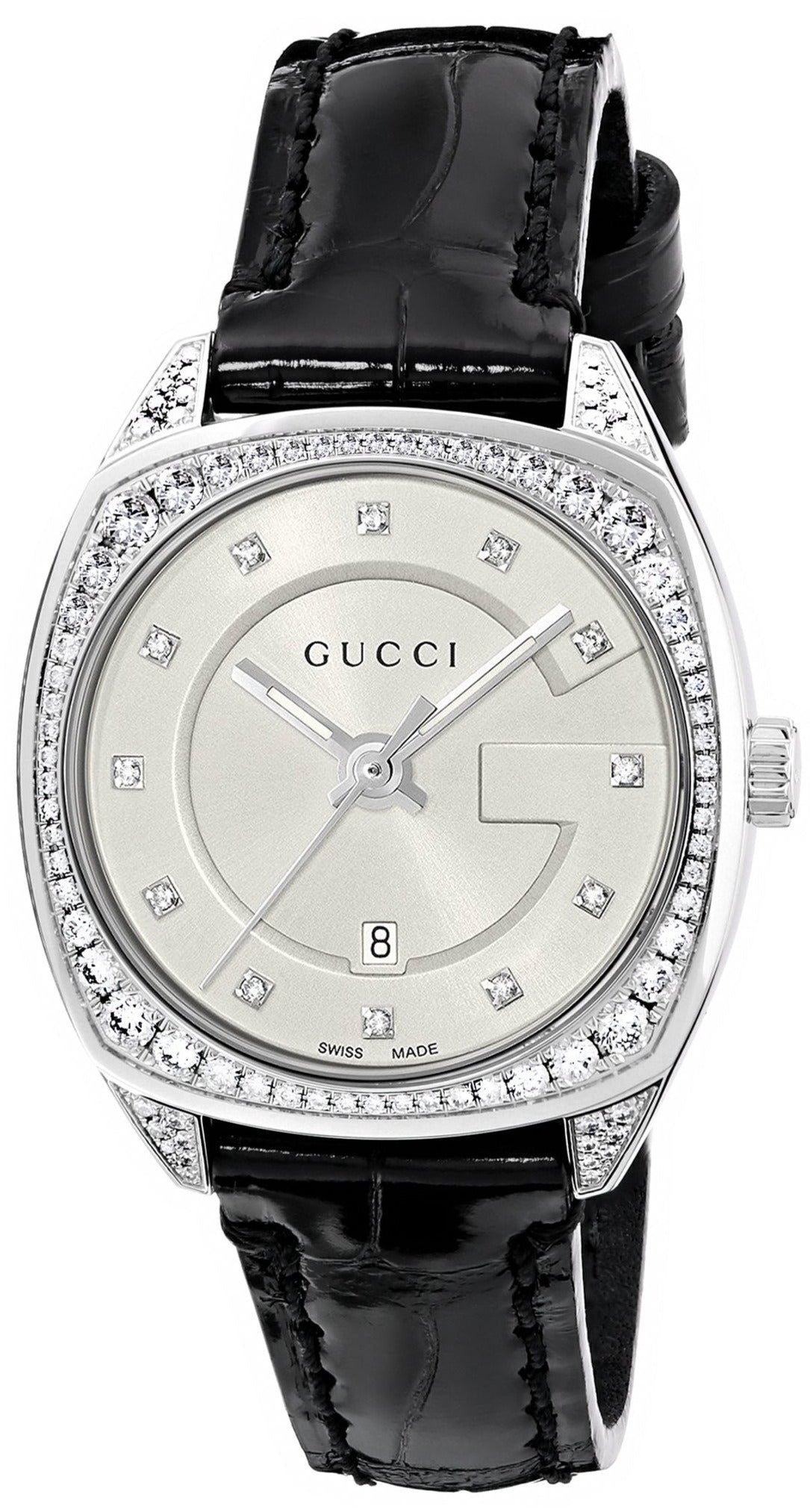  Shop Authentic Gucci GG2570 Diamonds Silver Dial Black Leather Strap Watch For Women - YA142507 - Luxxuri