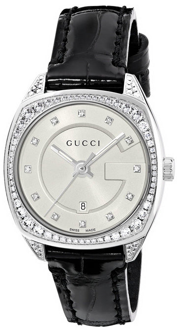  Shop Authentic Gucci GG2570 Diamonds Silver Dial Black Leather Strap Watch For Women - YA142507 - Luxxuri