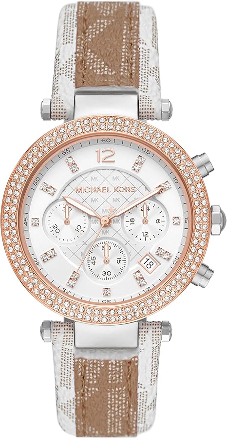  Shop Authentic Michael Kors Parker Chronograph White Dial Two Tone Leather Strap Watch For Women - MK6950 - Luxxuri