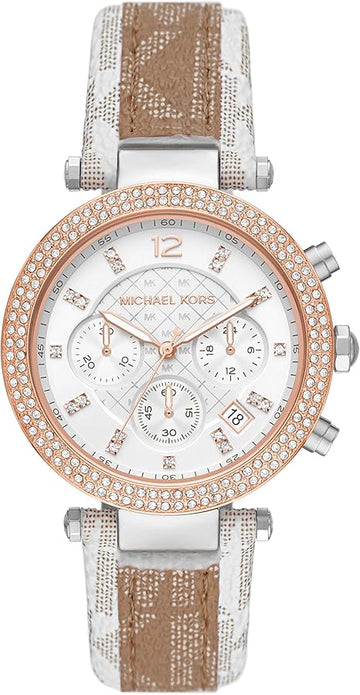  Shop Authentic Michael Kors Parker Chronograph White Dial Two Tone Leather Strap Watch For Women - MK6950 - Luxxuri