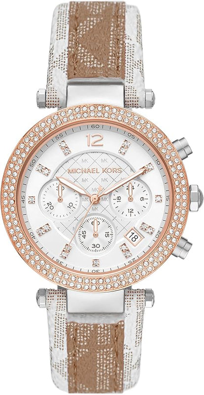 Shop Authentic Michael Kors Parker Chronograph White Dial Two Tone Leather Strap Watch For Women - MK6950 - Luxxuri