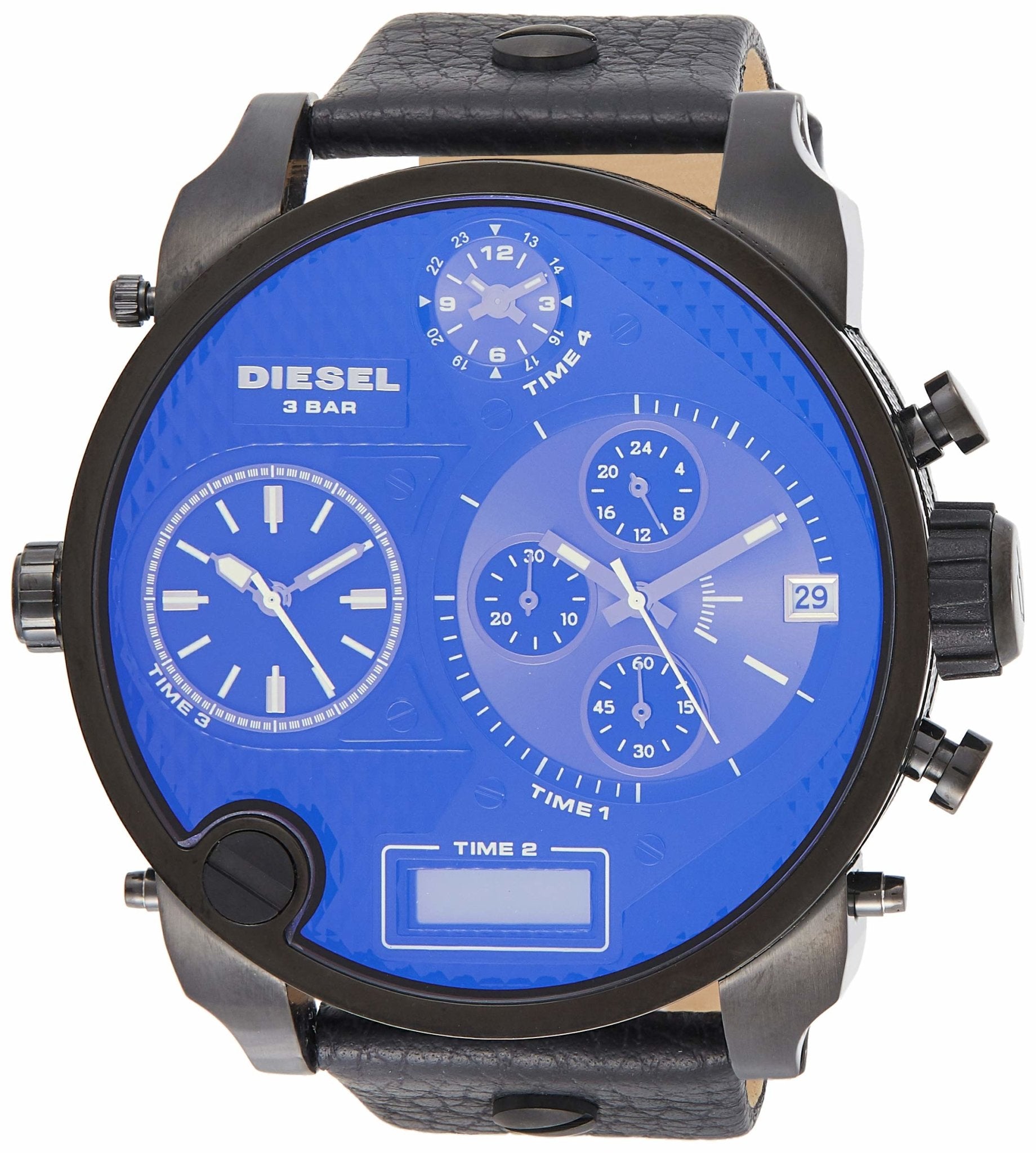 Diesel Big Daddy Blue Dial Black Leather Strap Watch For Men - DZ7127