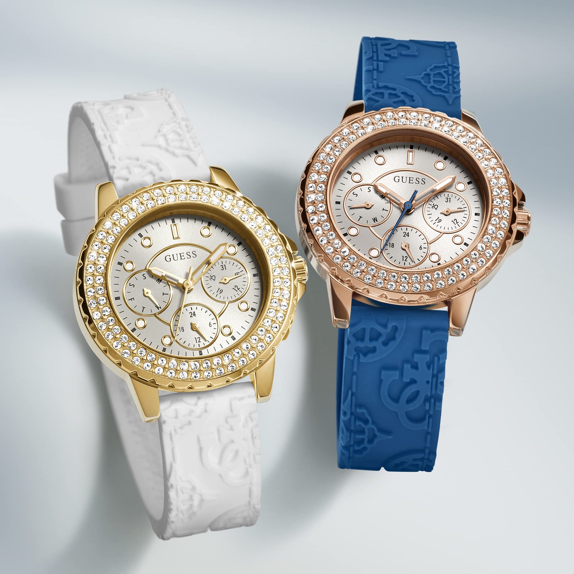  Shop Authentic Guess Crown Jewel Multifunction Diamonds White Dial White Leather Strap Watch for Women - GW0411L1 - Luxxuri