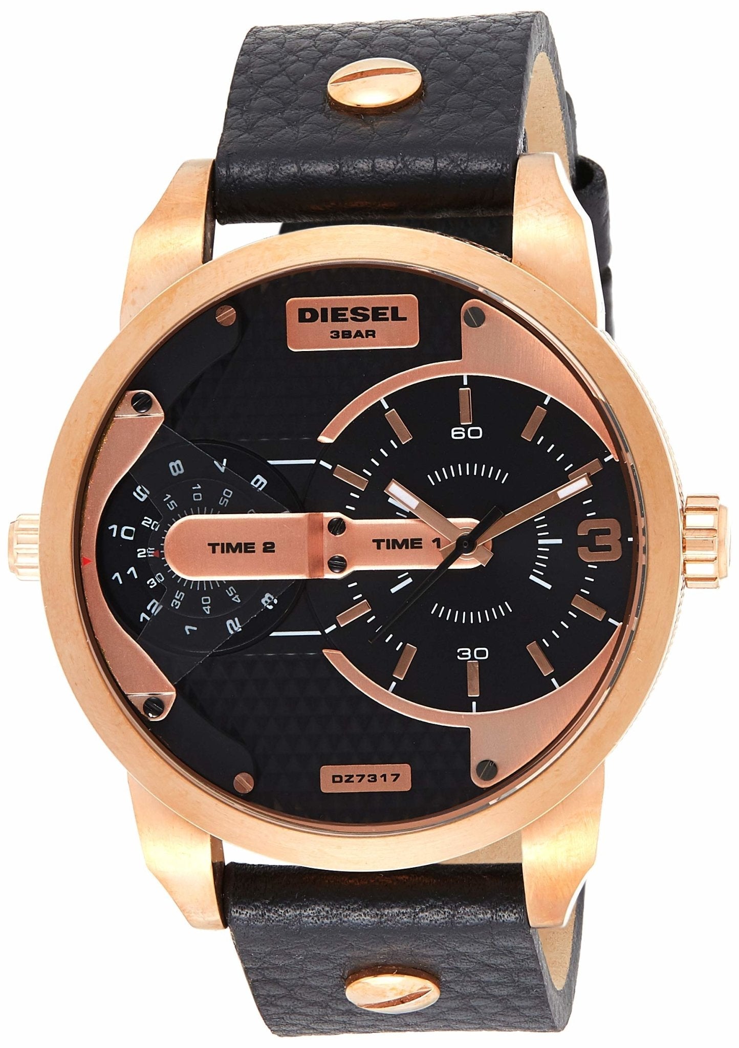  Shop Authentic Diesel Mini Daddy Dual Time Black & Gold Dial Black Leather Strap Watch For Men - DZ7317 - Luxxuri