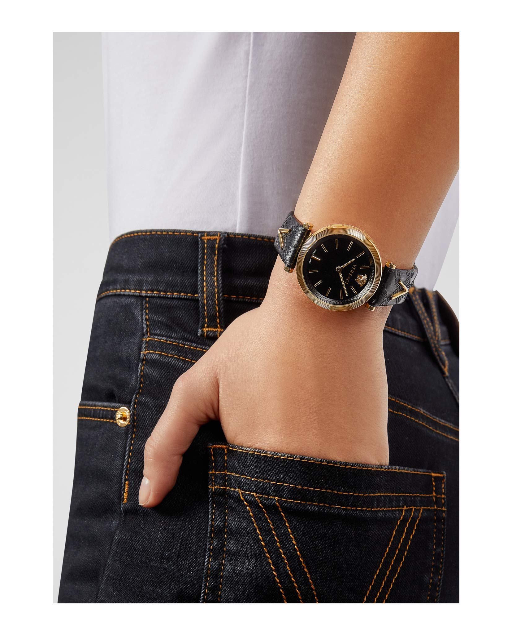 Versace V-Twist Black Dial Black Leather Strap Watch for Women - VELS00619