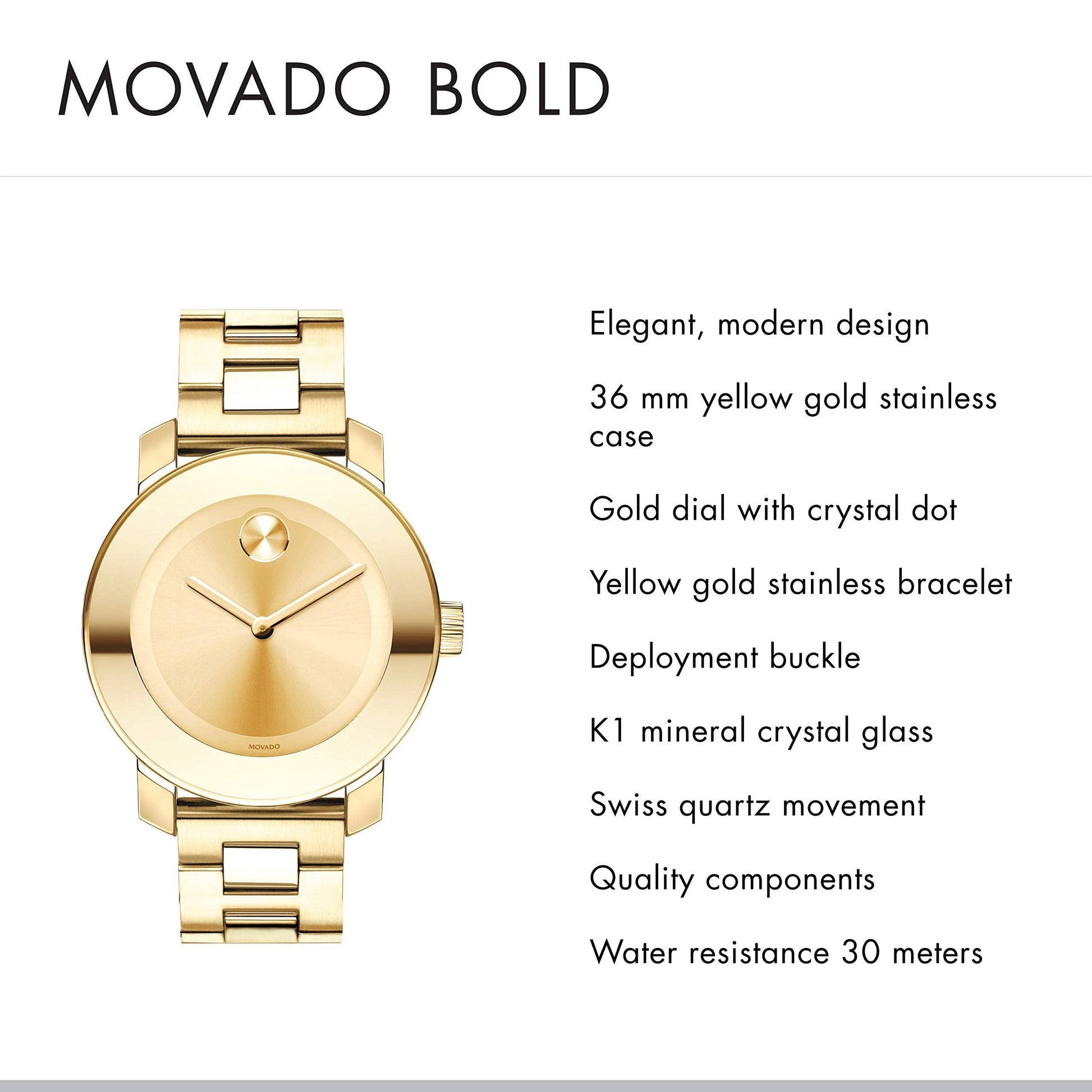 Movado Bold Yellow Gold Dial Yellow Gold Steel Strap Watch For Women - 3600085