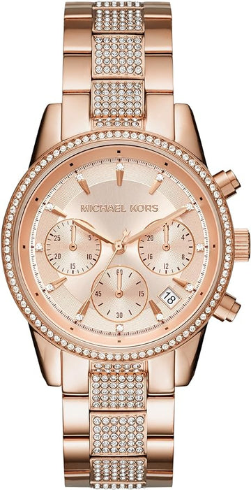  Shop Authentic Michael Kors Ritz Chronograph Rose Gold Dial Rose Gold Steel Strap Watch For Women - MK6485 - Luxxuri