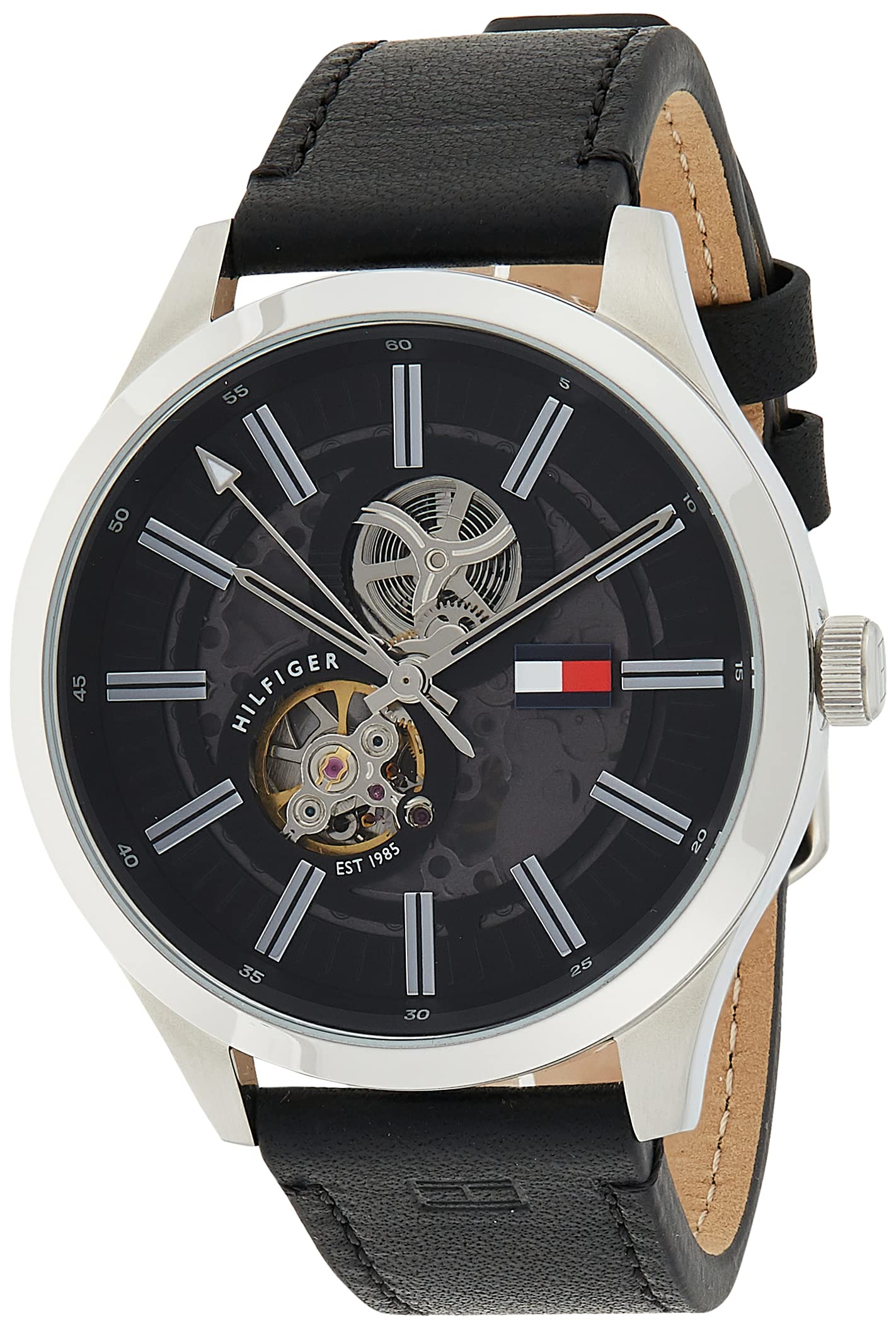  Shop Authentic Tommy Hilfiger Spencer Skeleton Black Dial Black Leather Strap Watch for Men - 1791641 - Luxxuri