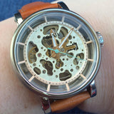  Shop Authentic Fossil Boyfriend Automatic Skeleton Silver Dial Brown Leather Strap Watch for Women - ME3109 - Luxxuri