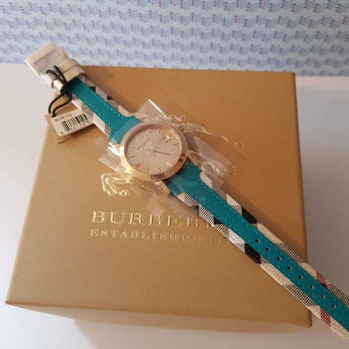 Burberry Heritage Gold Dial Blue Leather Strap Watch for Women - BU9112