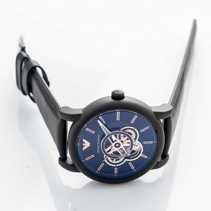  Shop Authentic Emporio Armani Luigi Automatic Skeleton Black Dial Black Leather Strap Watch For Men - AR60012 - Luxxuri