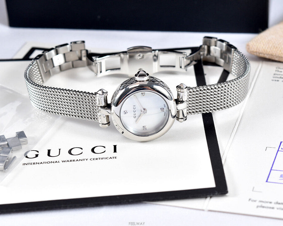  Shop Authentic Gucci Diamantissima Diamonds Mother of Pearl Dial Silver Mesh Bracelet Watch for Women - YA141512 - Luxxuri