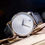 Shop Authentic Movado Museum Quartz Silver Dial Black Leather Strap Watch For Men - 2100001 - Luxxuri