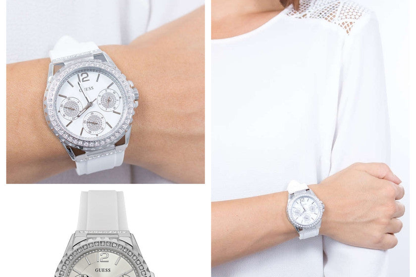  Shop Authentic Guess Starlight Multifunction Diamonds White Dial White Rubber Strap Watch for Women - W0846L8 - Luxxuri