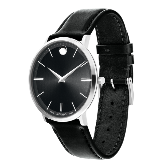  Shop Authentic Movado Ultra Slim Black Dial Black Leather Strap Watch For Men - 0607086 - Luxxuri