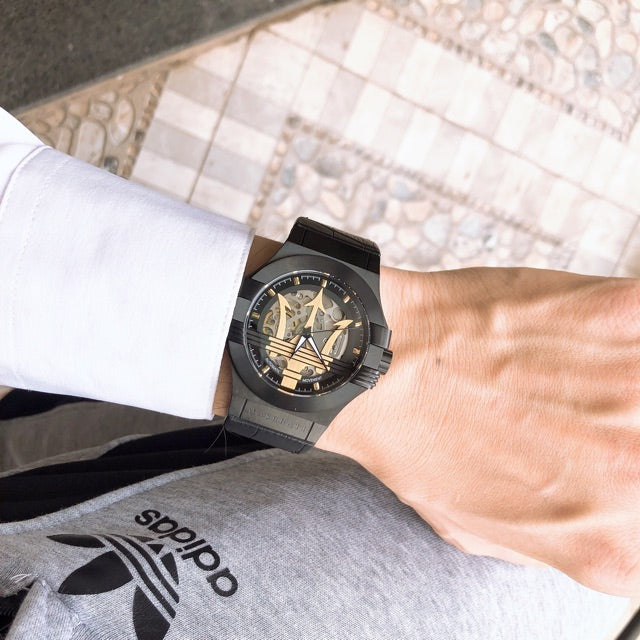  Shop Authentic Maserati Potenza Skeleton Limited Edition Black Dial Black Leather Strap Watch For Men - R8821108027 - Luxxuri