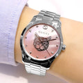  Shop Authentic Gucci G Timeless Quartz Mother of Pearl Pink Dial Silver Steel Strap Watch for Women - YA1264166 - Luxxuri